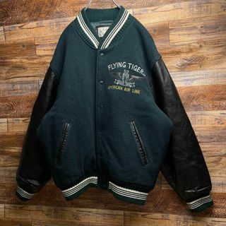 スタジャン緑グリーン黒ブラック lワッペン刺繍本革古着袖レザー袖