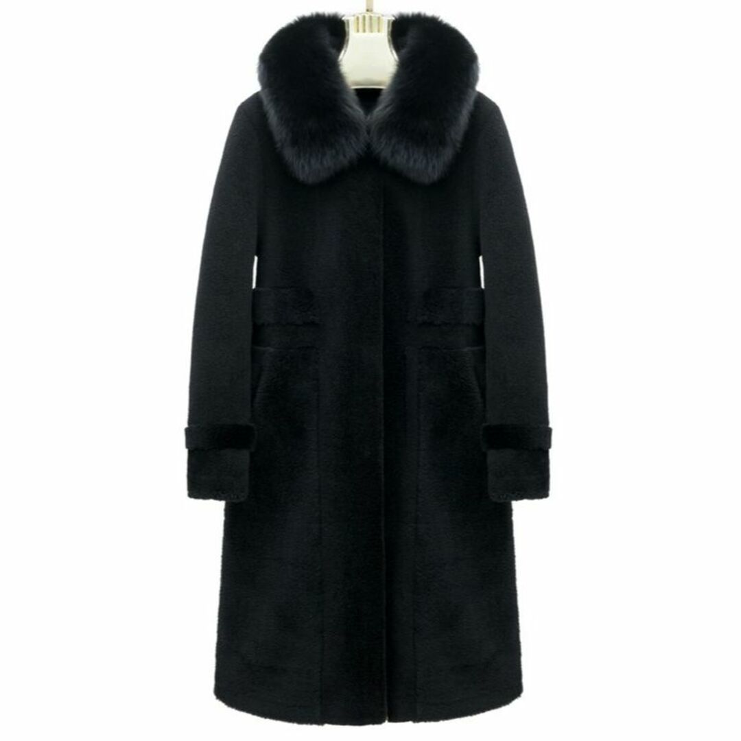 新品限定★最高級★フォックスファー襟付き羊毛ロングコート 黒 毛皮ファー