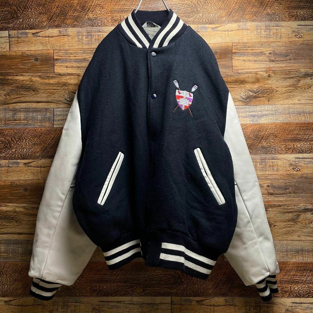 ART VINTAGE - USA製スタジャンxl紺ネイビーワッペン刺繍本革オーバー