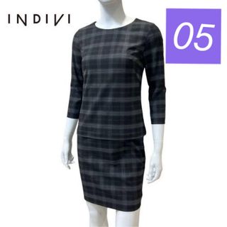 インディヴィ(INDIVI)の【美品】　INDIVI チェック　ひざ丈ワンピース　七分袖　キレイ目　フォーマル(ひざ丈ワンピース)