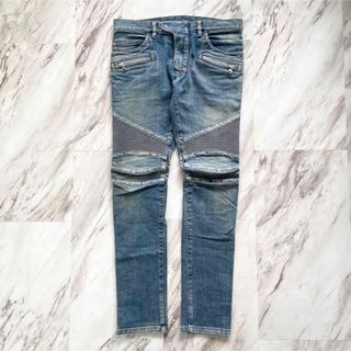 美品】真紺 BALMAIN バルマン バイカー デニムパンツ 蛇腹 34+