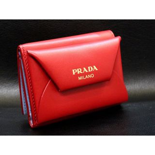 プラダ(PRADA)のPRADA☆コンパクトウォレット/赤×ライトブルー/カーフ/財布(財布)