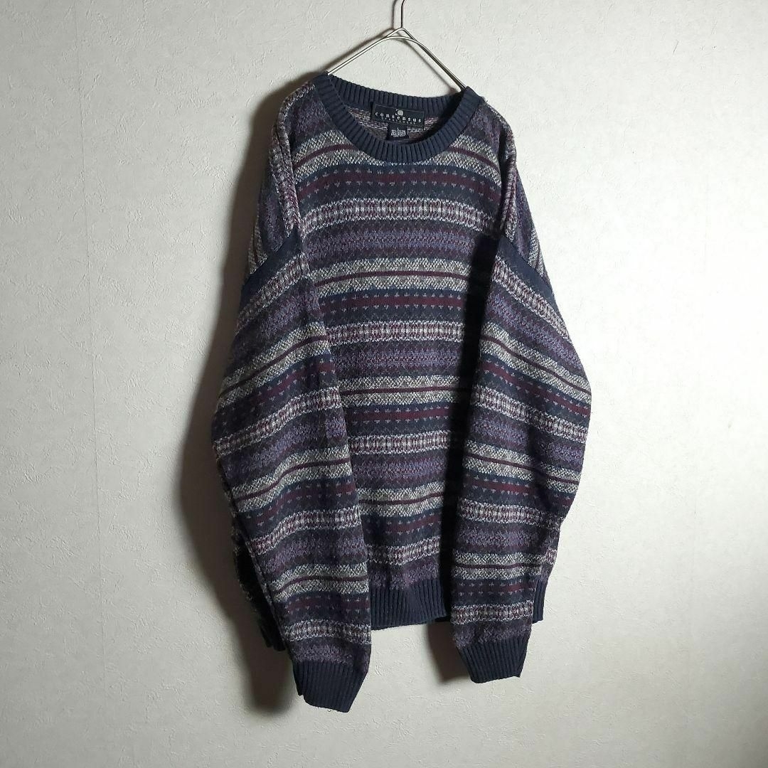 長袖ニット セーター ネイビー 紫紺赤 総柄 フェアアイル柄 古着】の