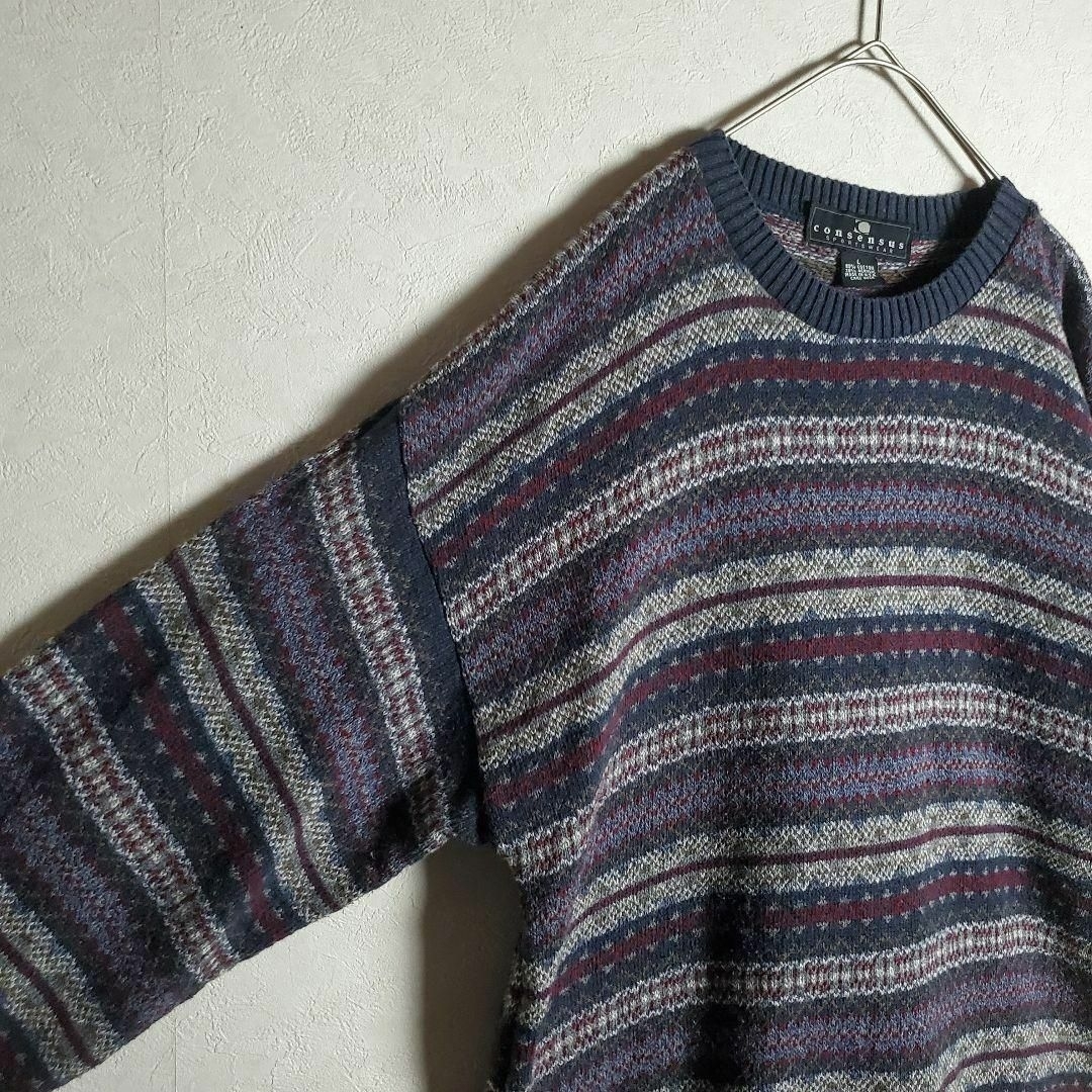 長袖ニット セーター ネイビー 紫紺赤 総柄 フェアアイル柄 古着】の