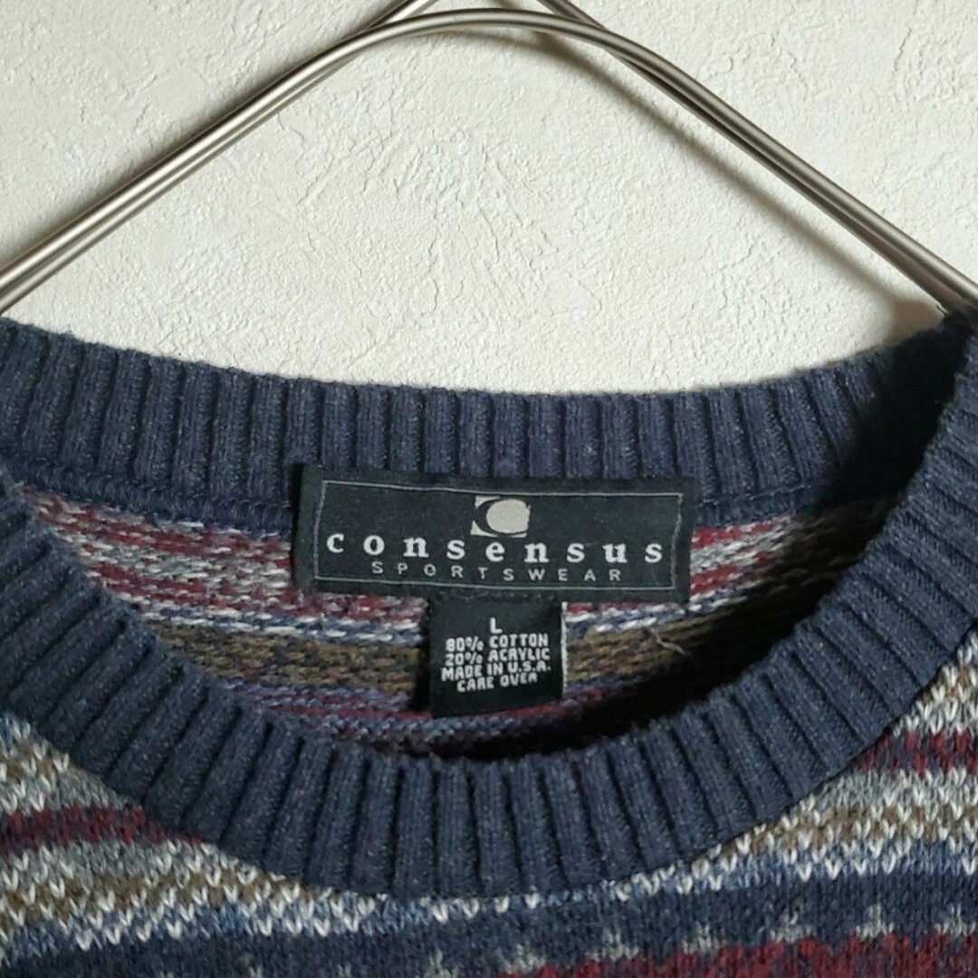 長袖ニット セーター ネイビー 紫紺赤 総柄 フェアアイル柄 古着】の