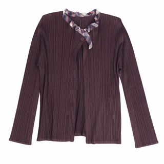 美品 プリーツプリーズ イッセイミヤケ PLEATS PLEASE カーディガン ロングスリーブ プリーツ トップス レディース 3(L相当) ブラウン約55cm