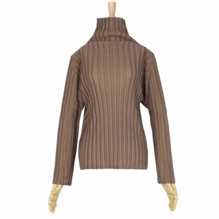 プリーツプリーズイッセイミヤケ(PLEATS PLEASE ISSEY MIYAKE)の極美品 プリーツプリーズ イッセイミヤケ PLEATS PLEASE シャツ ブラウス ロングスリーブ ハイネック プリーツ トップス レディース 3(L相当) ブラウンカーキ(シャツ/ブラウス(長袖/七分))