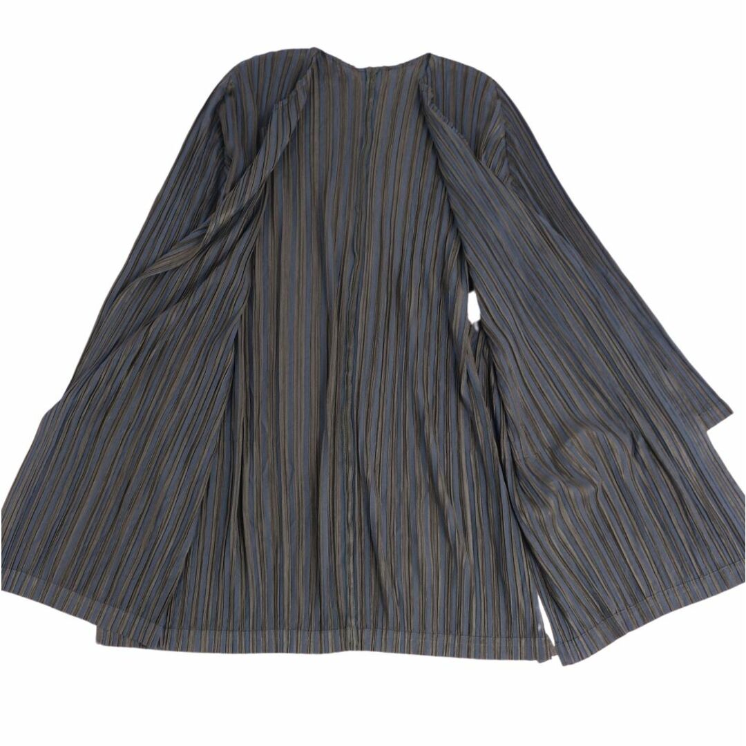 PLEATS PLEASE ISSEY MIYAKE(プリーツプリーズイッセイミヤケ)の美品 プリーツプリーズ イッセイミヤケ PLEATS PLEASE カーディガン ロングスリーブ ストライプ プリーツ ジャージー トップス レディース 2(M相当) カーキ/ブルー レディースのトップス(カーディガン)の商品写真