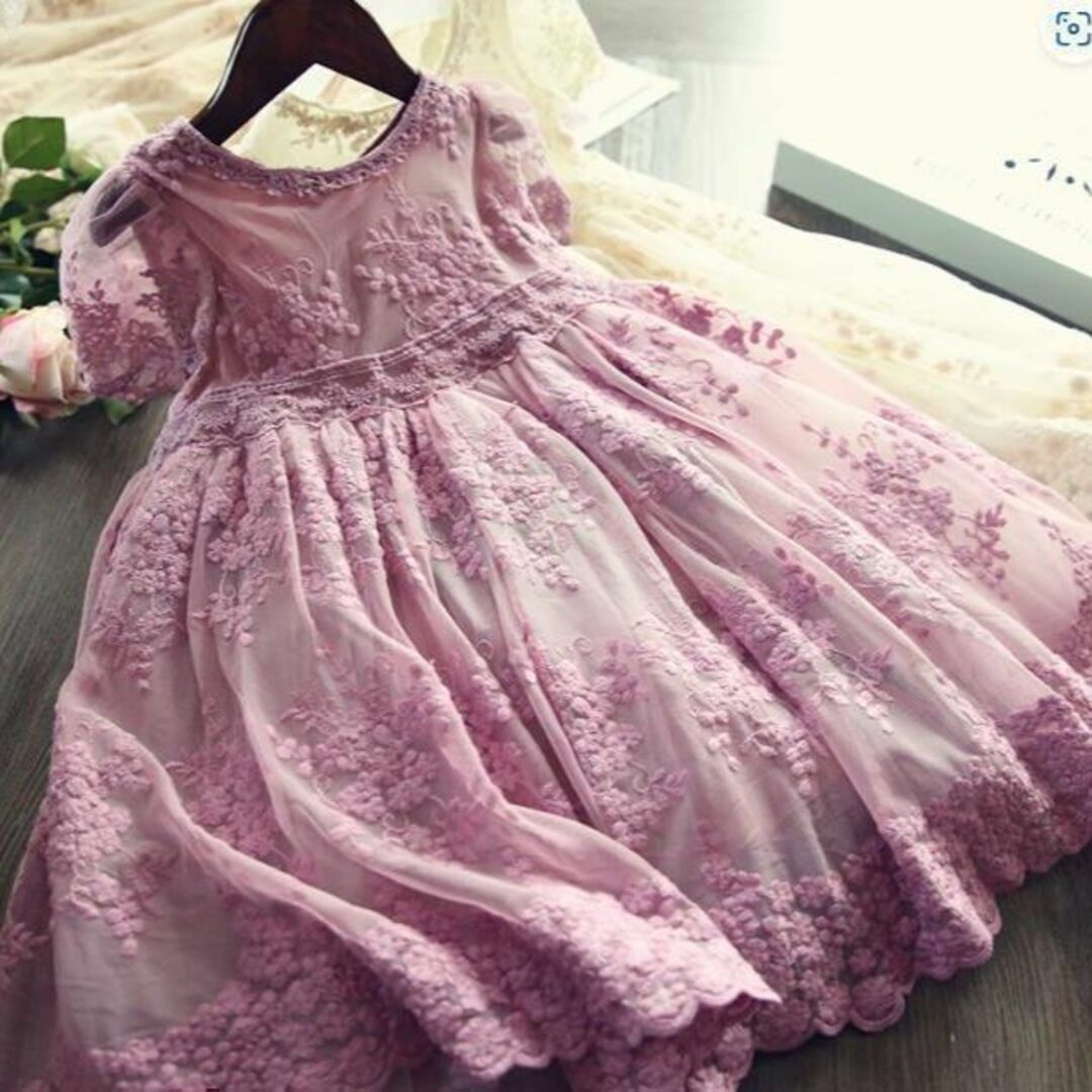 パープル140 紫 刺繍 レース ドレス ワンピース 結婚式　パーティー