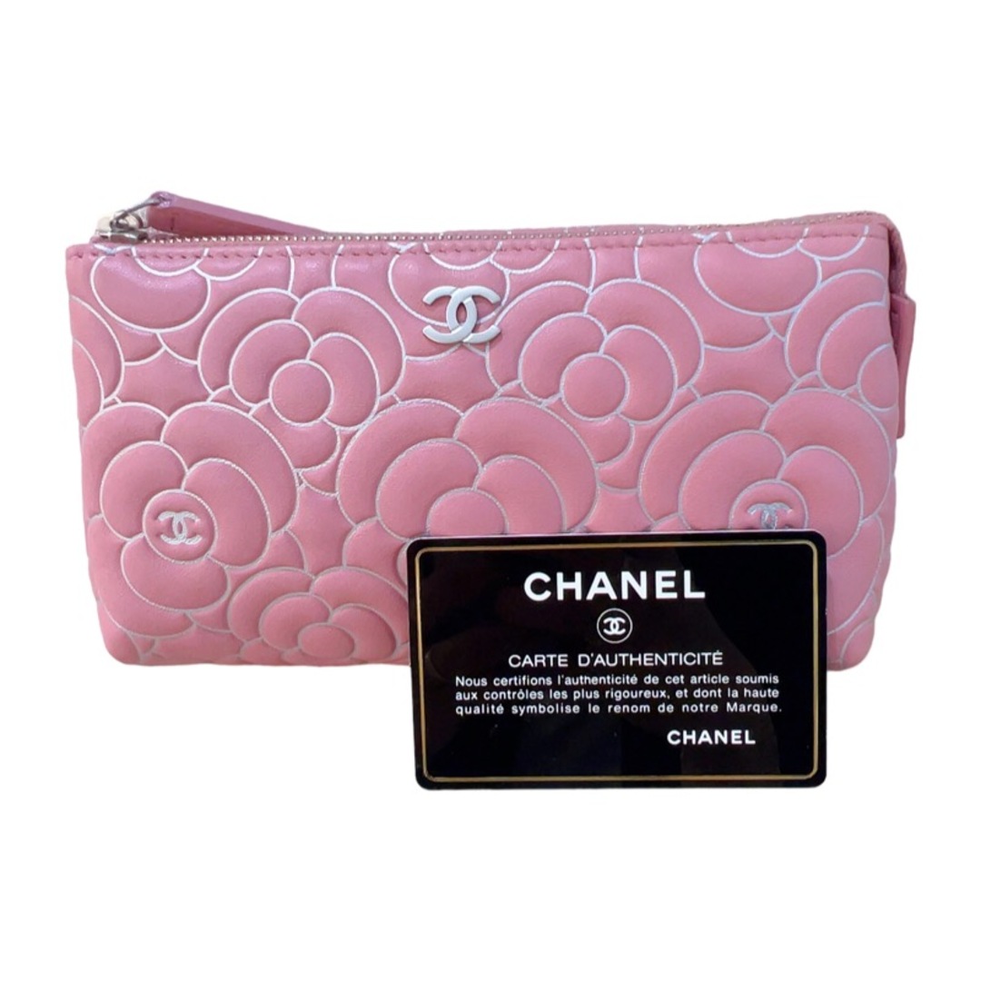 シャネル CHANEL カメリアコスメポーチ A82280 ピンク　シルバー金具 レザー レディース ポーチ