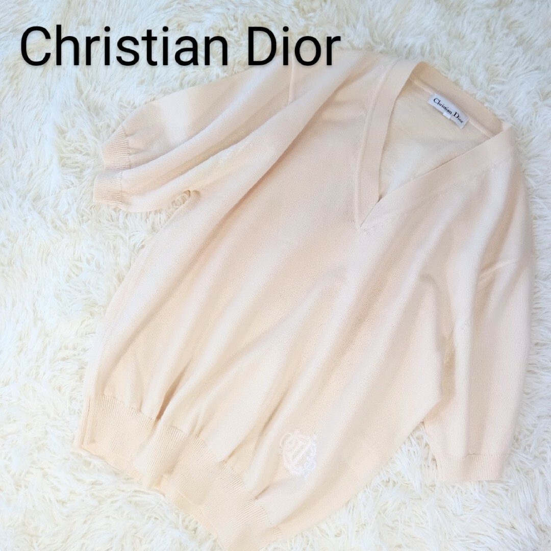 Christian Dior(クリスチャンディオール)のChristian Dior エンブレム ロゴ 半袖ニット アイボリー Lサイズ レディースのトップス(ニット/セーター)の商品写真