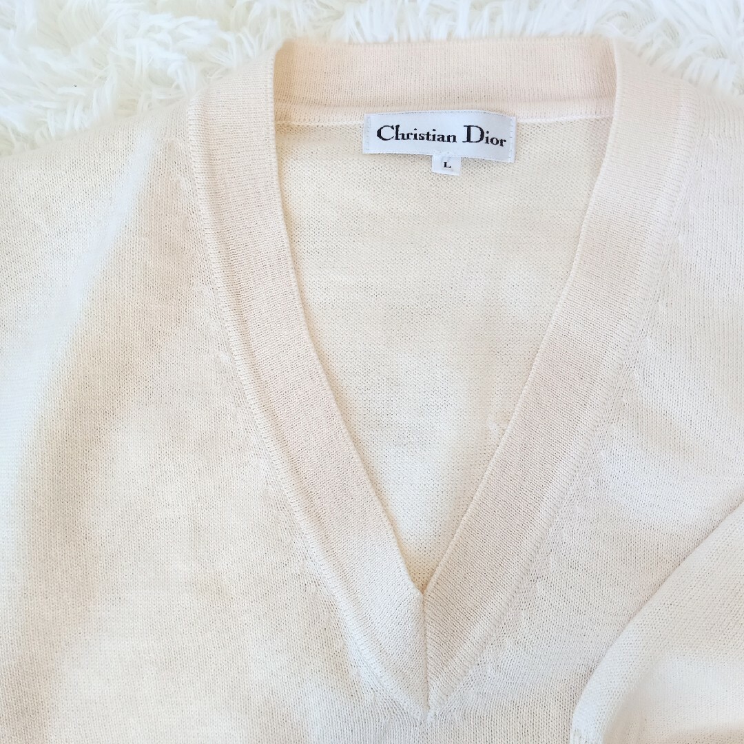 Christian Dior(クリスチャンディオール)のChristian Dior エンブレム ロゴ 半袖ニット アイボリー Lサイズ レディースのトップス(ニット/セーター)の商品写真