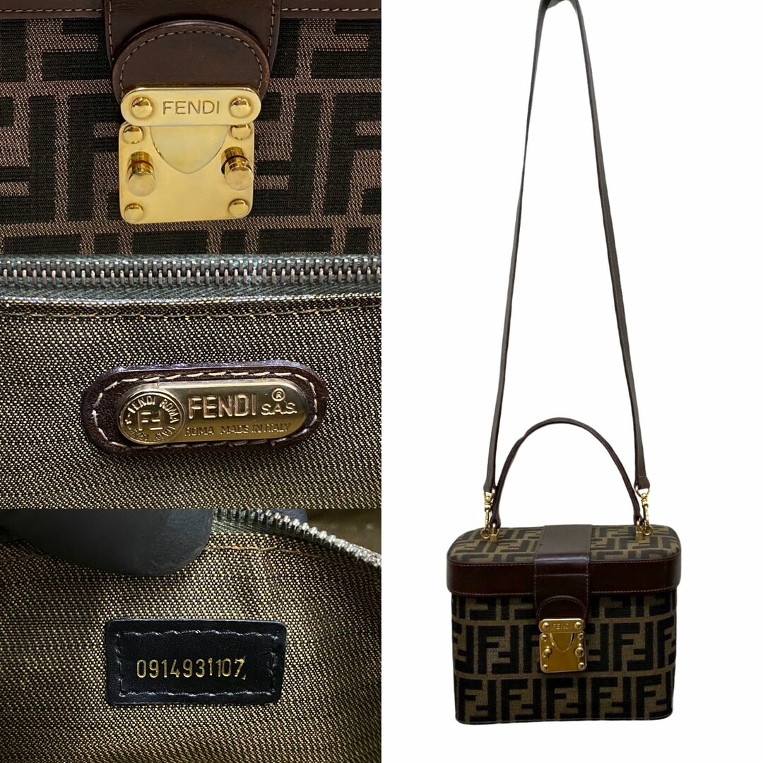 極 美品 FENDI フェンディ ズッカ柄 バニティバッグ キャンバス レザー 本革 2way ハンドバッグ ショルダーバッグ ブラウン 21994