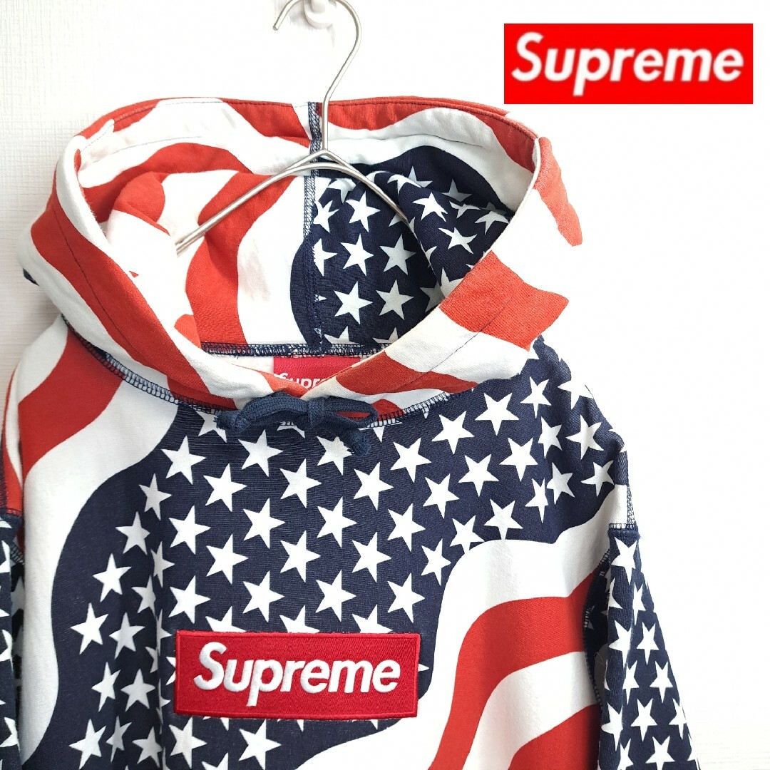 【美品】Supreme ボックスロゴ フーディ 14AW 星条旗 総柄 M