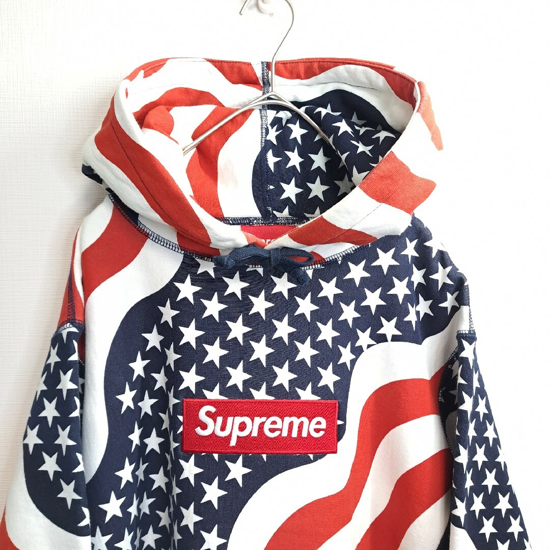 【美品】Supreme ボックスロゴ フーディ 14AW 星条旗 総柄 M