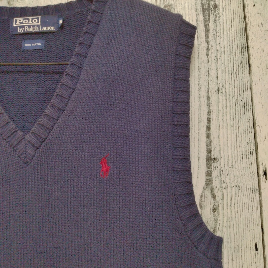 POLO RALPH LAUREN(ポロラルフローレン)のポロラルフローレン  Vネック ニットベスト ポニー刺繍ロゴ 90sネイビー メンズのトップス(ベスト)の商品写真