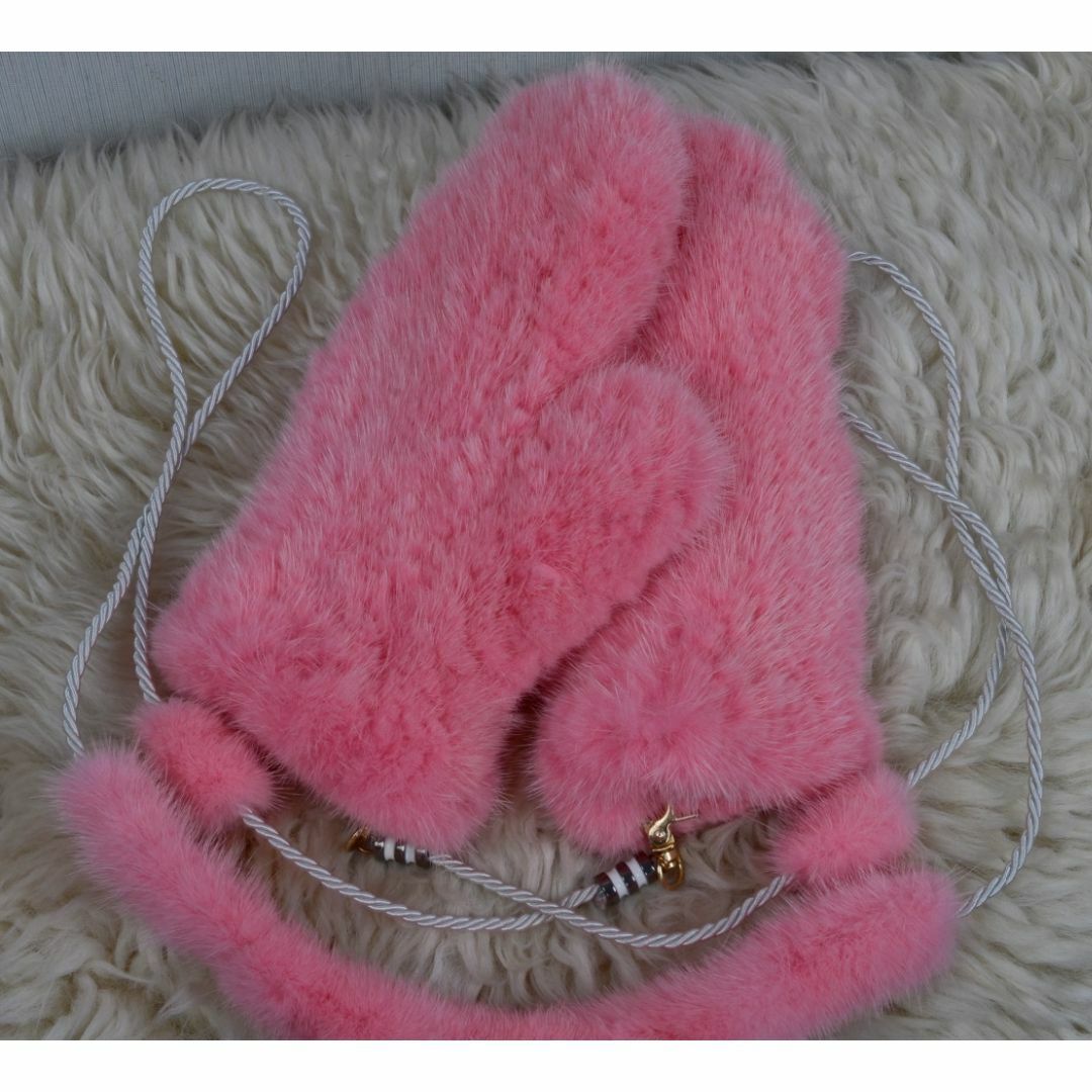新品限定◆上質なミンク編み込みミトン手袋 グローブ 紐付き 毛皮ファー 1