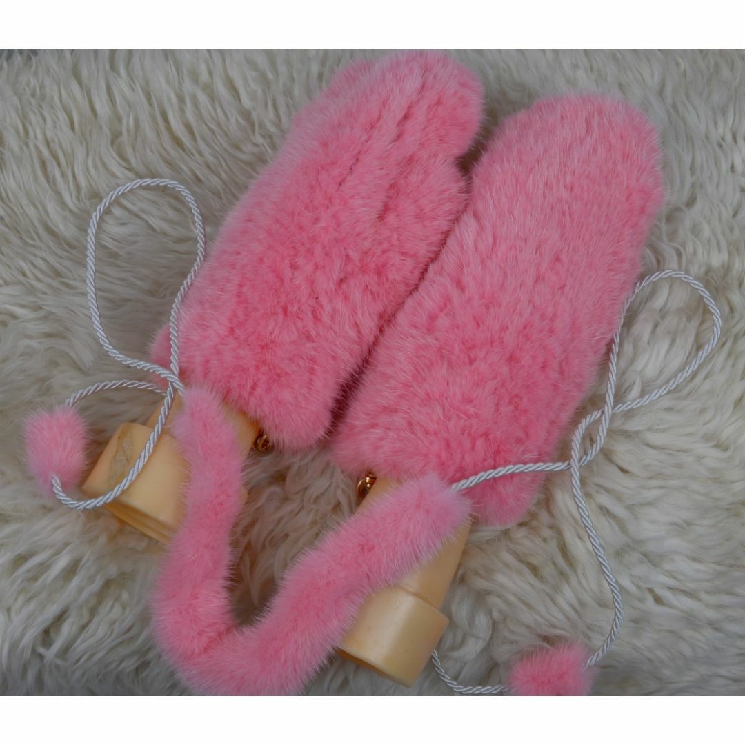 新品限定◆上質なミンク編み込みミトン手袋 グローブ 紐付き 毛皮ファー 5