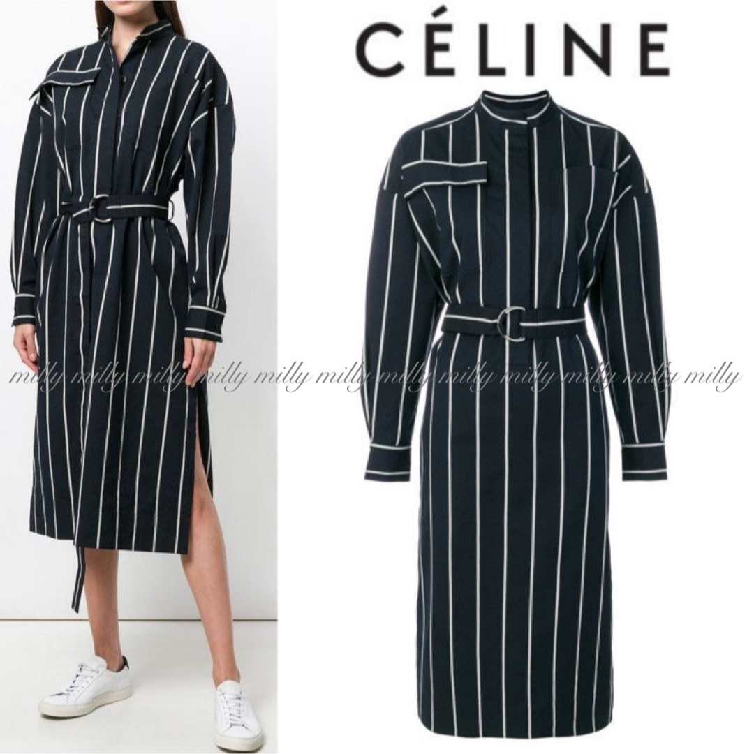 celine(セリーヌ)の新品タグ付【CELINE】フィービーストライプベルテッドワンピース レディースのワンピース(ロングワンピース/マキシワンピース)の商品写真