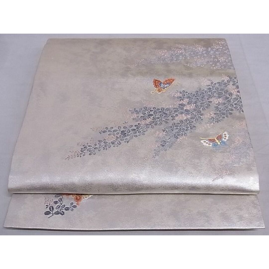 平和屋-こころ店■九寸開き名古屋帯 花蝶文 金銀糸 引箔 正絹 逸品 A-sx7602