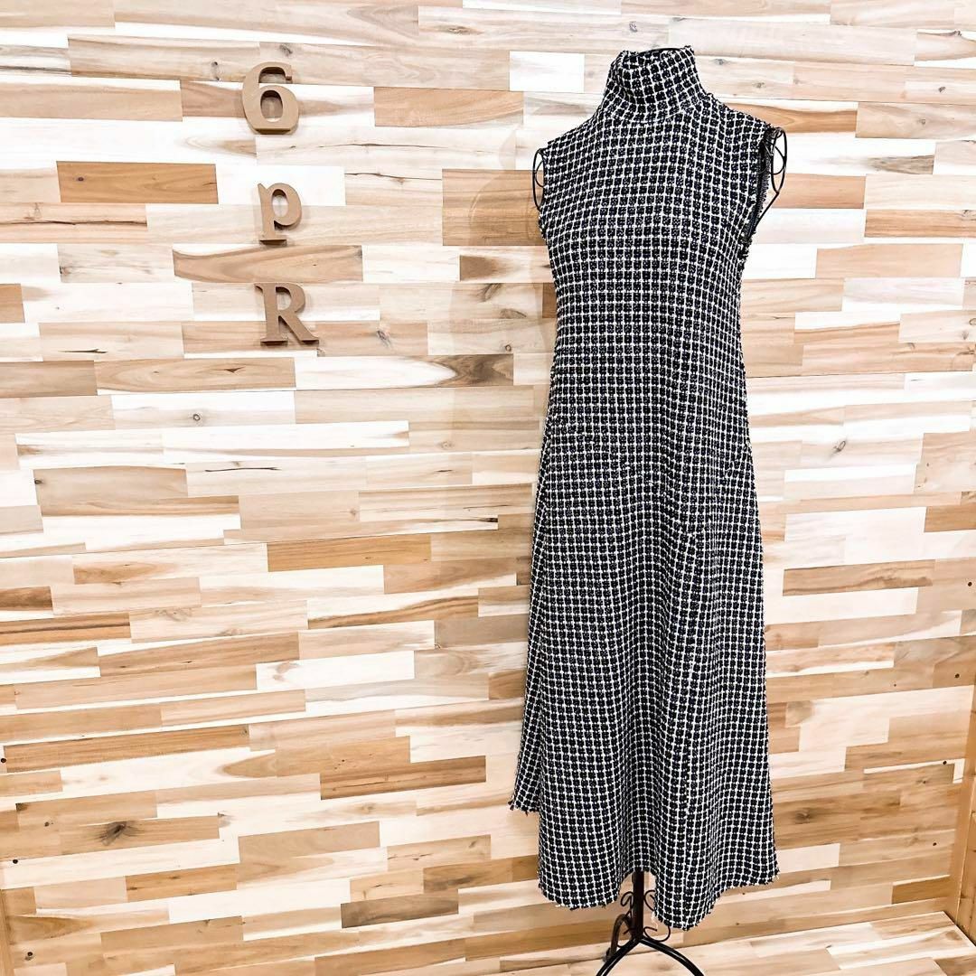【ザラ】ラメ糸 ツイード ロング ドレス ワンピース モノトーン S 黒×白