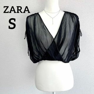 ザラ(ZARA)の★新品★ZARA ザラ シアーカシュクールトップ シャーリングショルダー 黒 S(シャツ/ブラウス(半袖/袖なし))