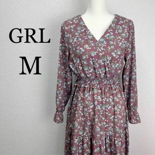 グレイル(GRL)の☆美品☆GRL Vネック花柄ふんわりティアードワンピース メルヘン ブラウン M(ロングワンピース/マキシワンピース)