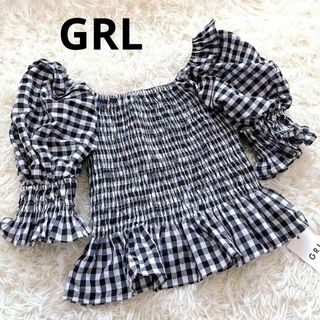 グレイル(GRL)の★新品★グレイル バルーンスリーブオフショルギャザーブラウス チェック 白黒 M(シャツ/ブラウス(半袖/袖なし))