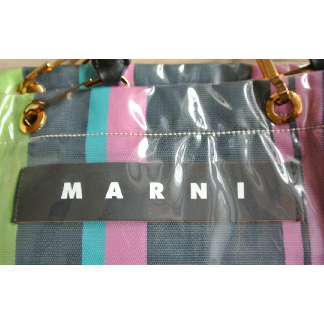 美品 MARNI マルニ GLOSSY GRIP PVC ストライプ トートバッグ ショッピングバッグ Mサイズ/グレー ピンク系【2400013268981】