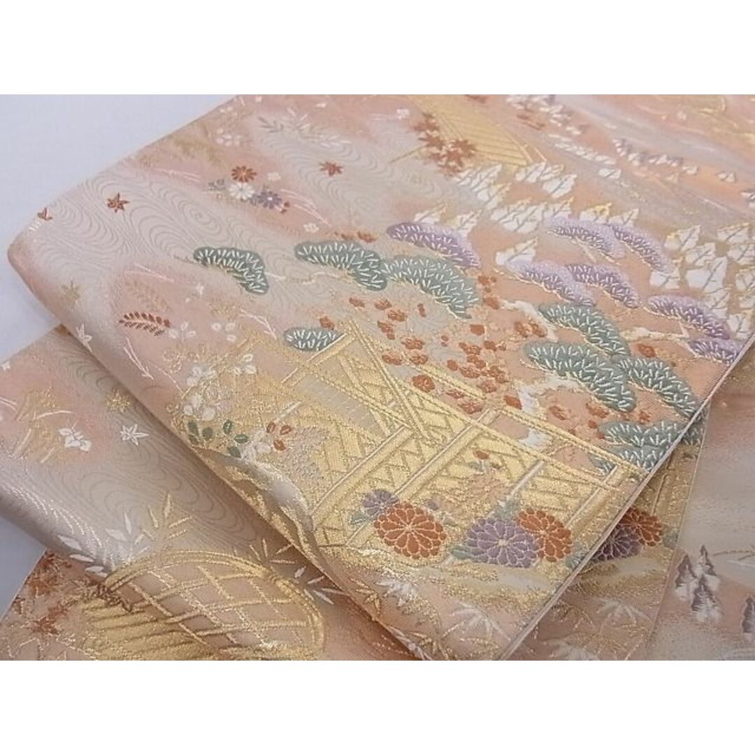 平和屋-こころ店■六通柄袋帯 唐織 流水横笛花文 金糸 引箔 正絹 逸品 A-ru030