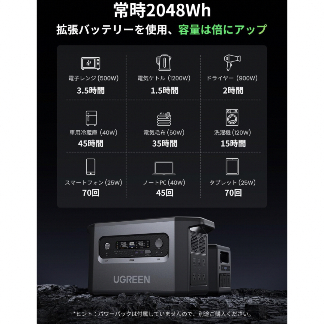 UGREEN ポータブル電源 2000W インテリア/住まい/日用品の日用品/生活雑貨/旅行(防災関連グッズ)の商品写真