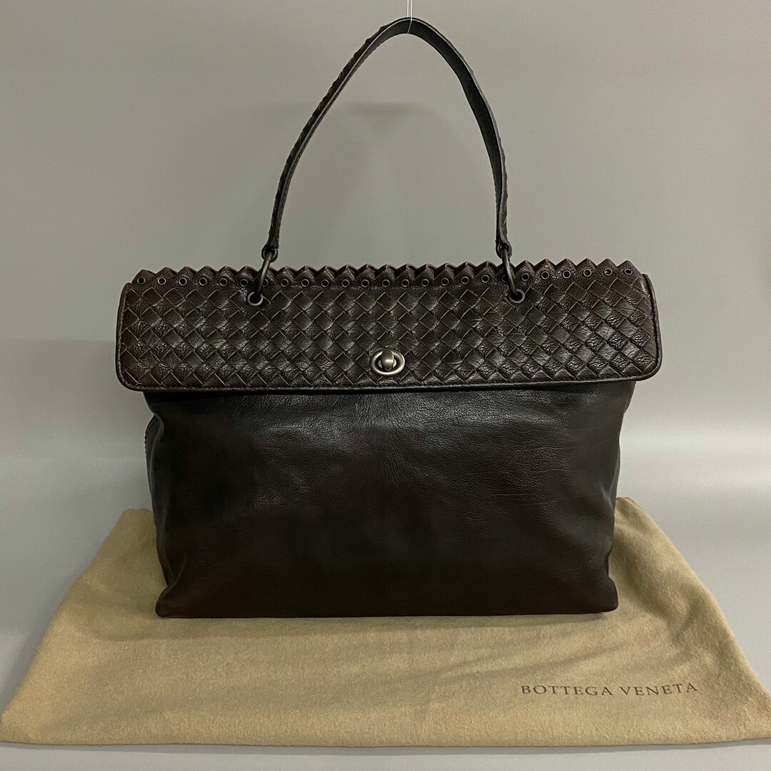 美品 袋付 BOTTEGA VENETA ボッテガヴェネタ イントレチャート レザー 本革 ハンドバッグ ビジネスバッグ A4収納可 ダークブラウン 28419