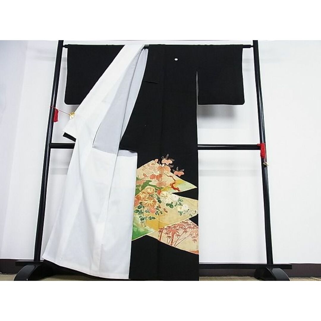 平和屋-こころ店■豪華黒留袖 駒刺繍 草花文 暈し染め 金彩 着丈160cm 裄丈63cm 正絹 逸品 B-oa6375