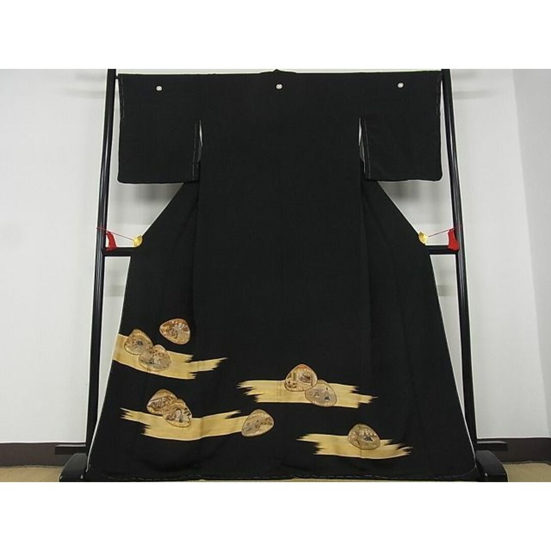 平和屋-こころ店■豪華黒留袖 駒刺繍 貝合わせ人物風景花文 金彩 着丈168cm 裄丈67.5cm 正絹 逸品 未使用 B-wt9364