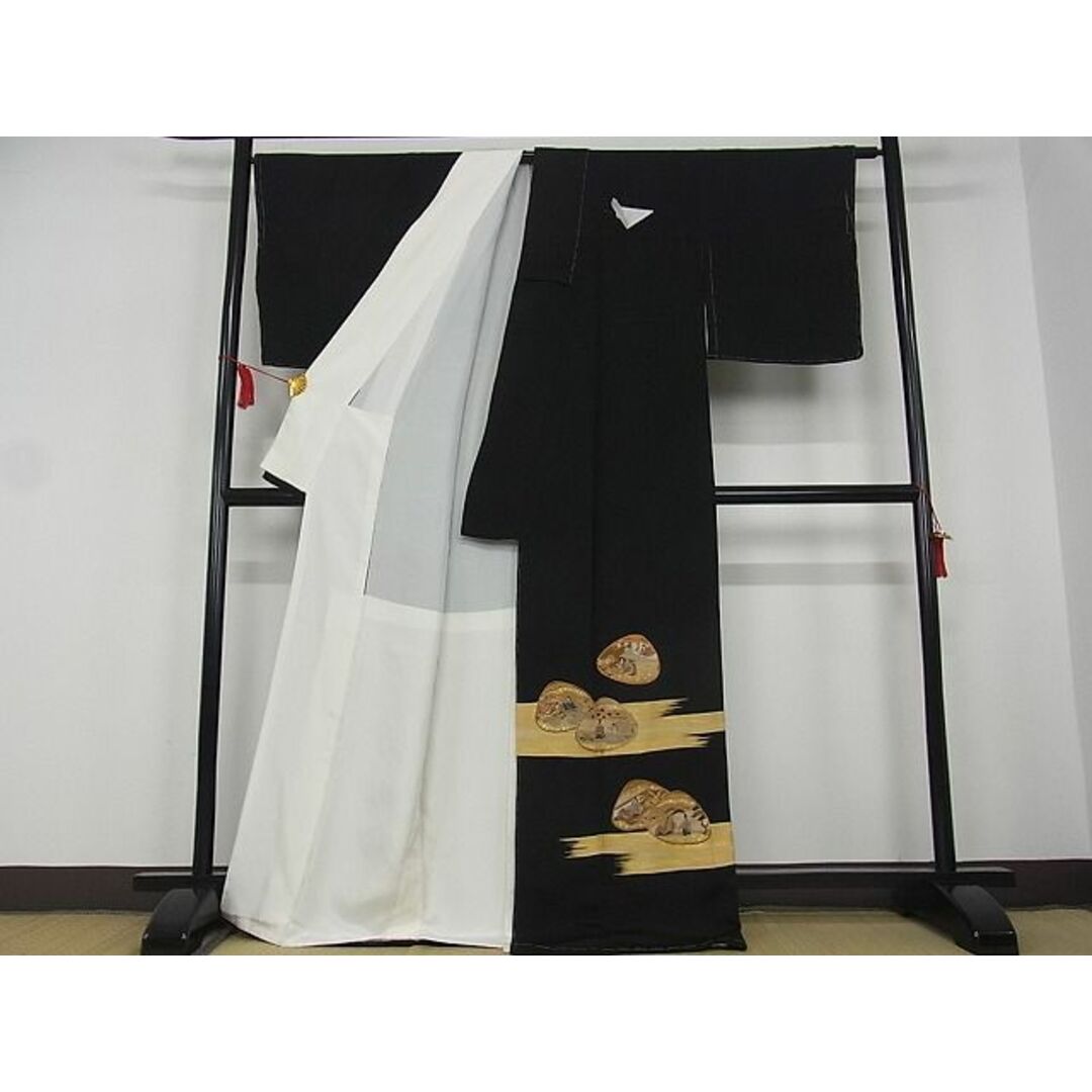 平和屋-こころ店■豪華黒留袖 駒刺繍 貝合わせ人物風景花文 金彩 着丈168cm 裄丈67.5cm 正絹 逸品 未使用 B-wt9364