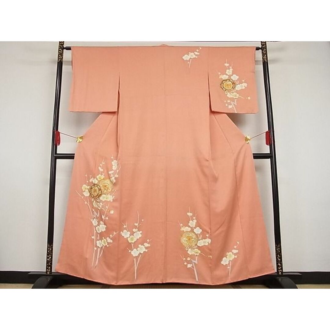 平和屋-こころ店■訪問着　手描き　鏡裏枝梅文　金彩　着丈156.5cm　裄丈62cm　正絹　逸品　A-br5683