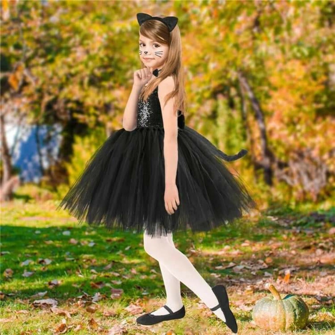 ハロウィン 黒猫 コスチューム 100 セットアップ コスプレ カチューシャ b キッズ/ベビー/マタニティのキッズ服女の子用(90cm~)(ワンピース)の商品写真