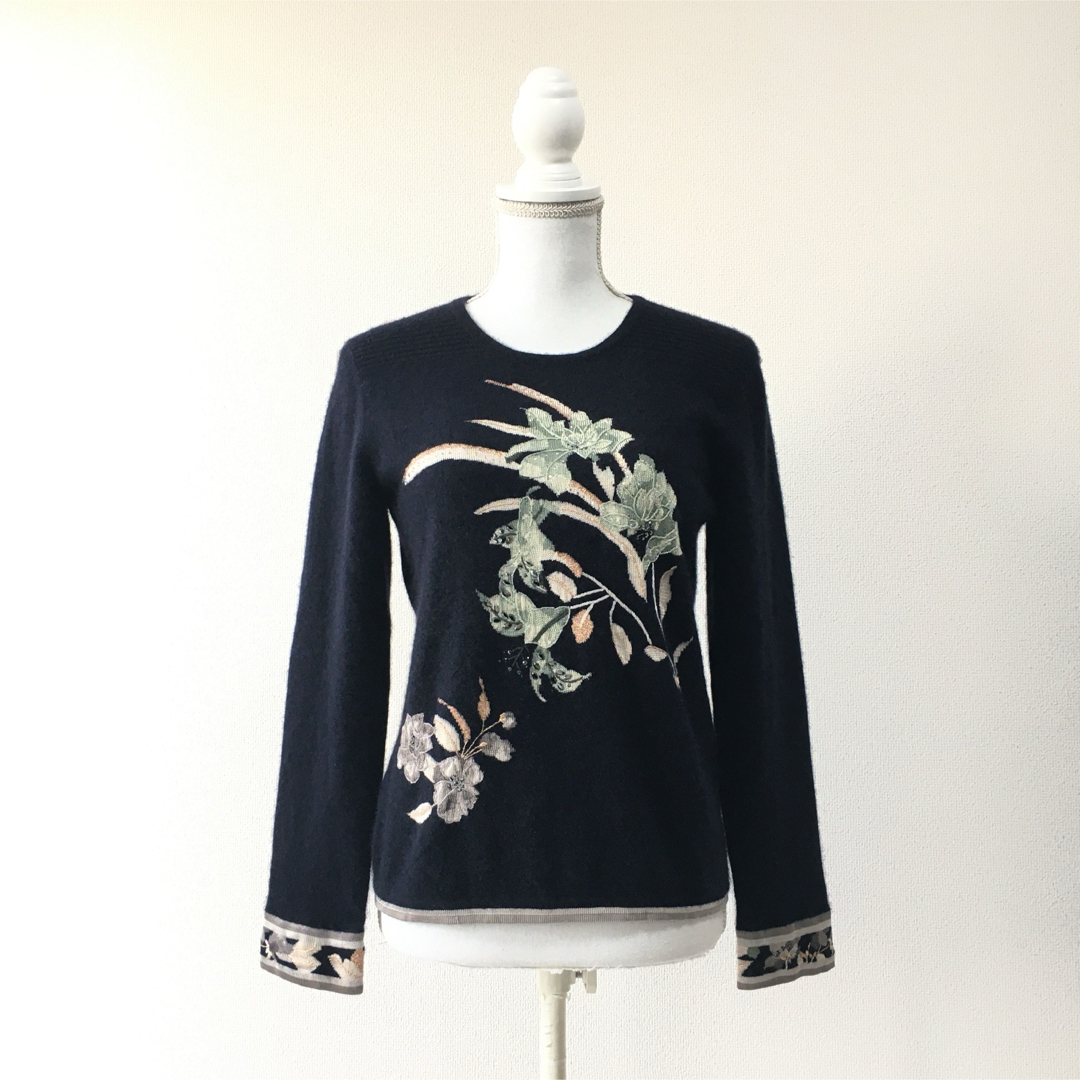 美品 LEONARD レオナール カシミヤ 刺繍 ビーズ セーター-
