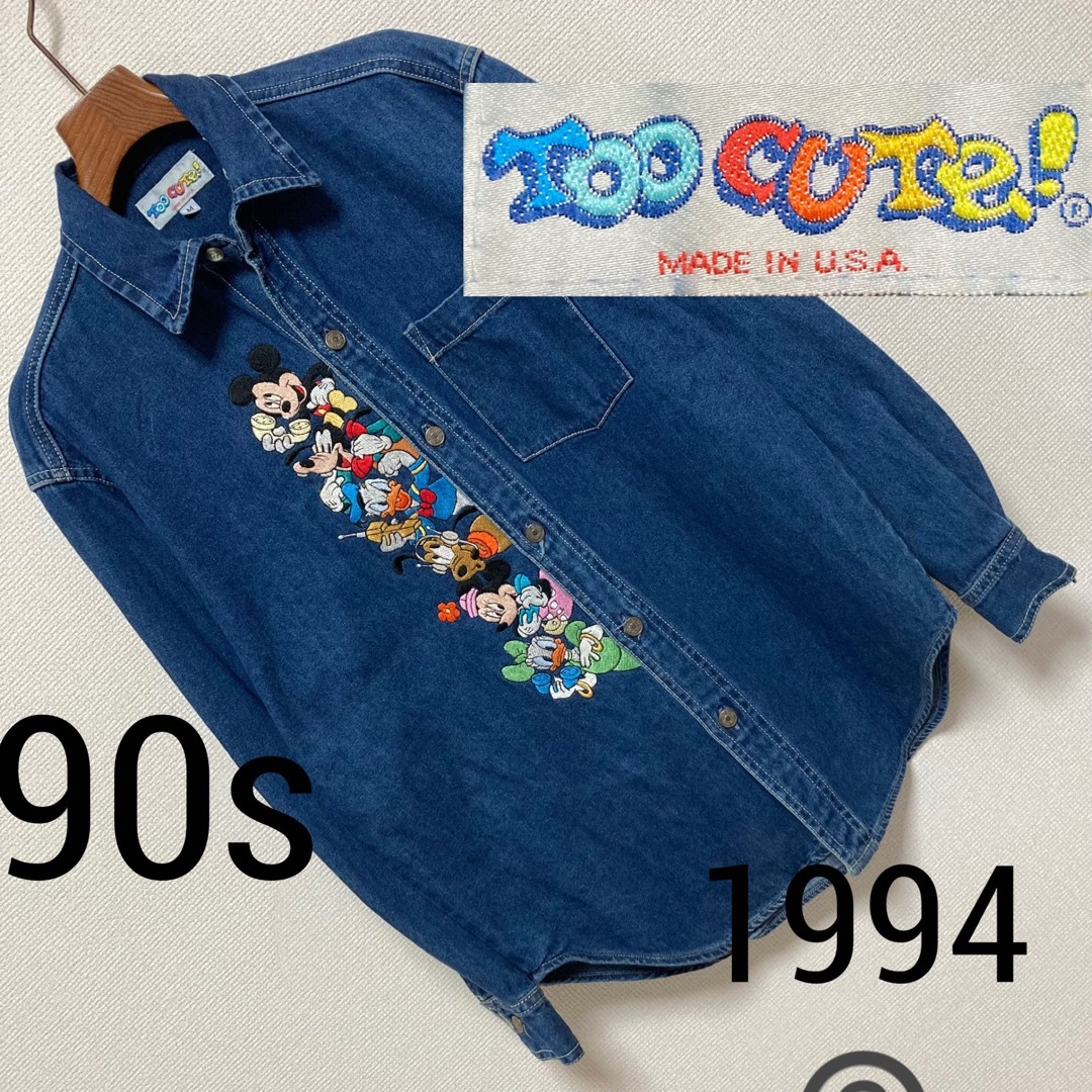 90s USA製■TOO CUTE■ディズニー ミッキー 刺繍 デニムシャツ M