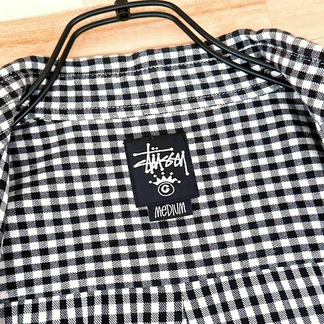 【ステューシー】stussy ギンガムチェック 刺繍ロゴ 半袖シャツ M 黒×白