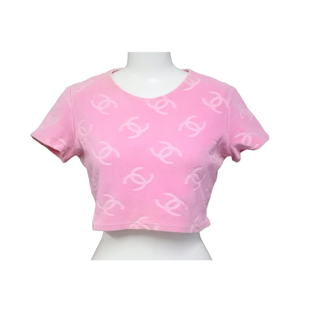 CHANEL(シャネル)のCHANEL シャネル ヴィンテージ 半袖Ｔシャツ チビT ココマーク クロップド ベロア ピンク 品質タグ無し 良品 中古 55843 レディースのトップス(Tシャツ(半袖/袖なし))の商品写真