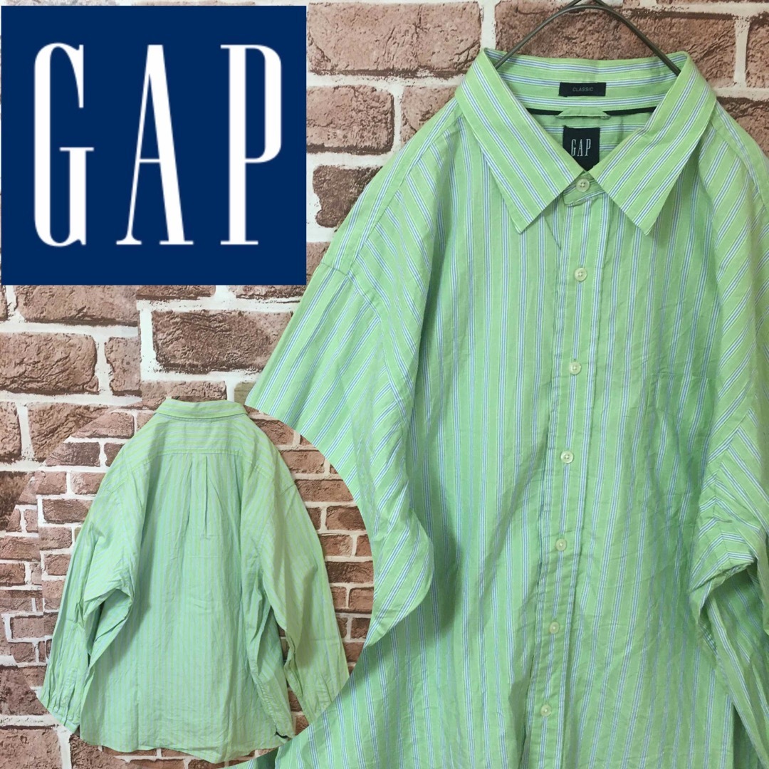 【2XL】 GAP☆オーバーサイズシャツ　ストライプ柄　グリーン　OLDGAP