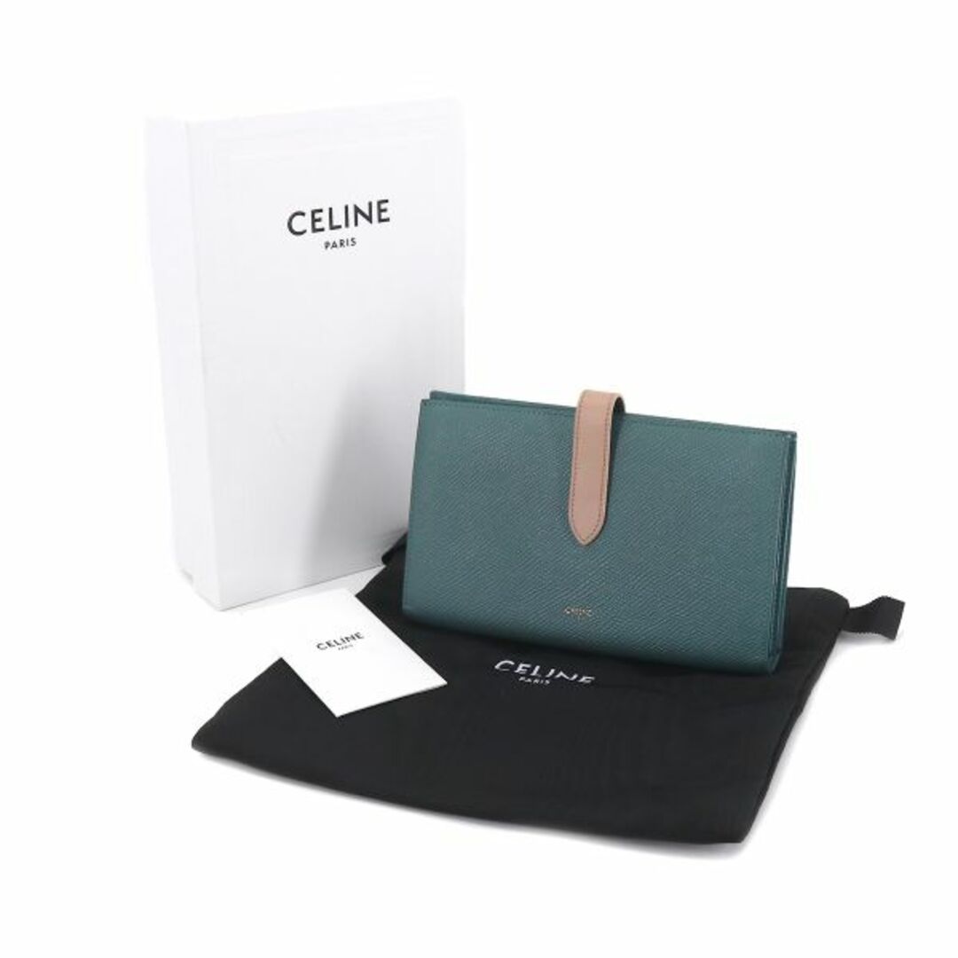 セリーヌ CELINE ラージ ストラップ ウォレット 二つ折り 長財布 レザー ダークグリーン ベージュ 10B633BRU ゴールド 金具 VLP 90173026