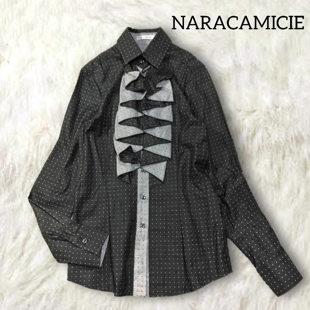 ナラカミーチェ　NARACAMICIE　ドットフリルブラウス　ストレッチ　７分袖