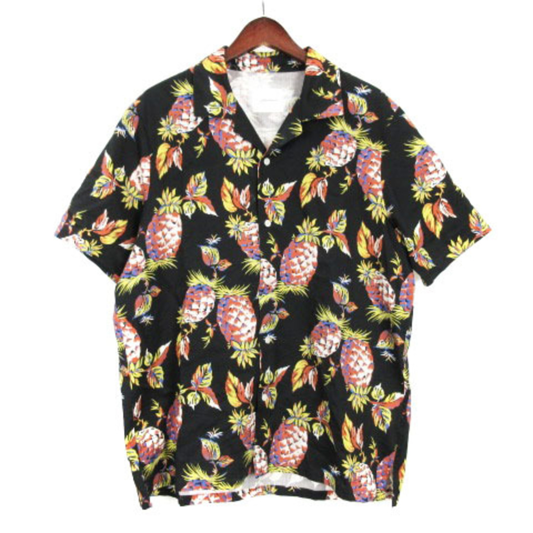 シーグリーン オープンカラー アロハシャツ 半袖 パイナップル柄 総柄 ブラック
