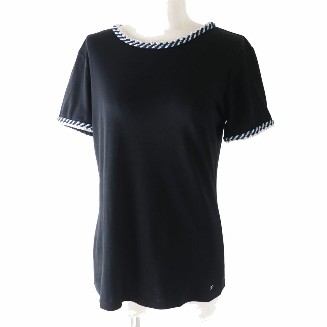 極美品◎イタリア製 CHANEL シャネル P58290 レディース ココマークプレート付き 半袖 カットソー／Ｔシャツ ブラック×水色×ラメ 38