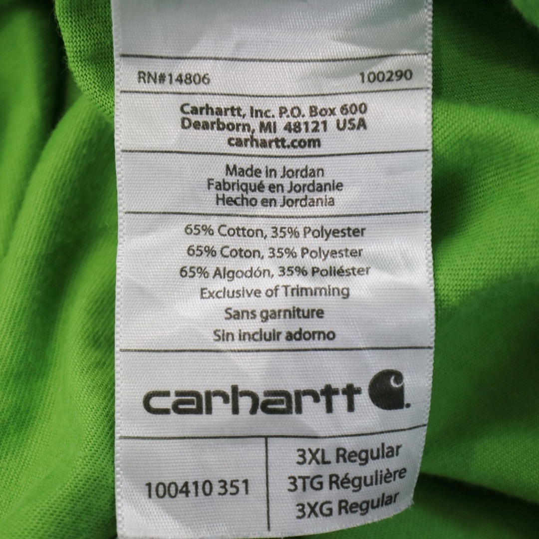 carhartt(カーハート)のCarhartt カーハート ロゴ半袖Ｔシャツ 大きいサイズ  ワーク ラグランスリーブ 丸首 ライトグリーン (メンズ 3XL) 中古 古着 O7290 メンズのトップス(Tシャツ/カットソー(半袖/袖なし))の商品写真