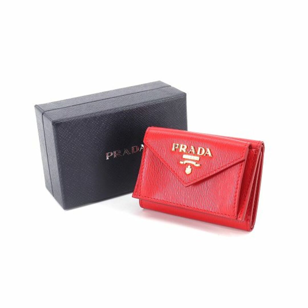 未使用 展示品 プラダ PRADA 三つ折り 財布 レザー レッド 1MH021 ゴールド 金具 VLP 90209267