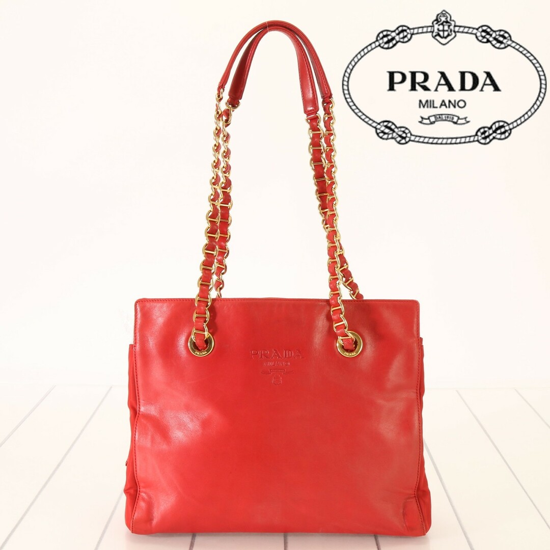 PRADA - プラダ レザー トート バッグ 肩掛け チェーン ショルダー