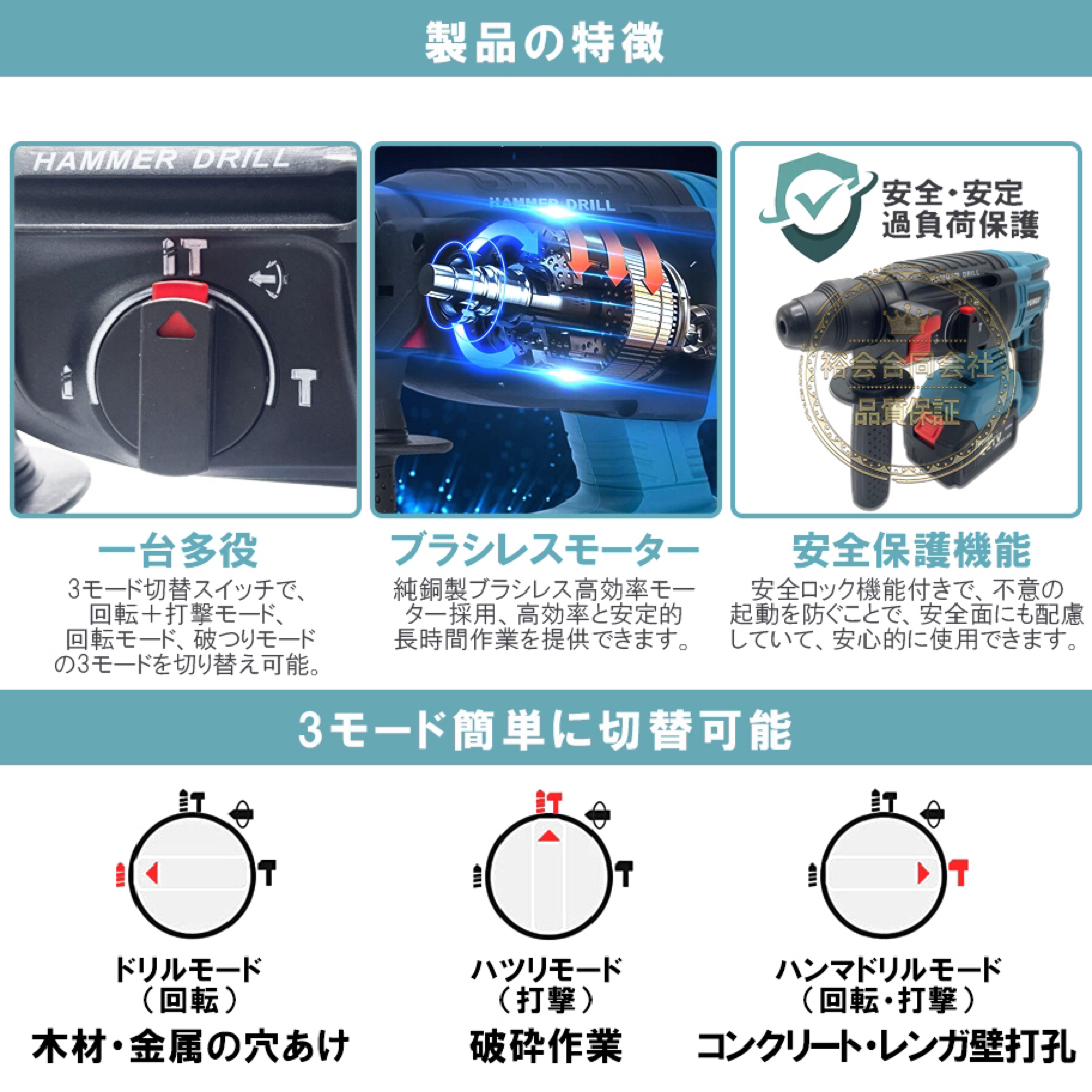 電動ハンマードリル マキタ互換品 18V 充電式 穴あけ 振動 バッテリー2